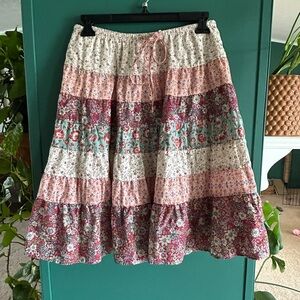 Mustard Seed Pink Multi Floral Tiered A-Line Skirt Boho Flower with Pockets